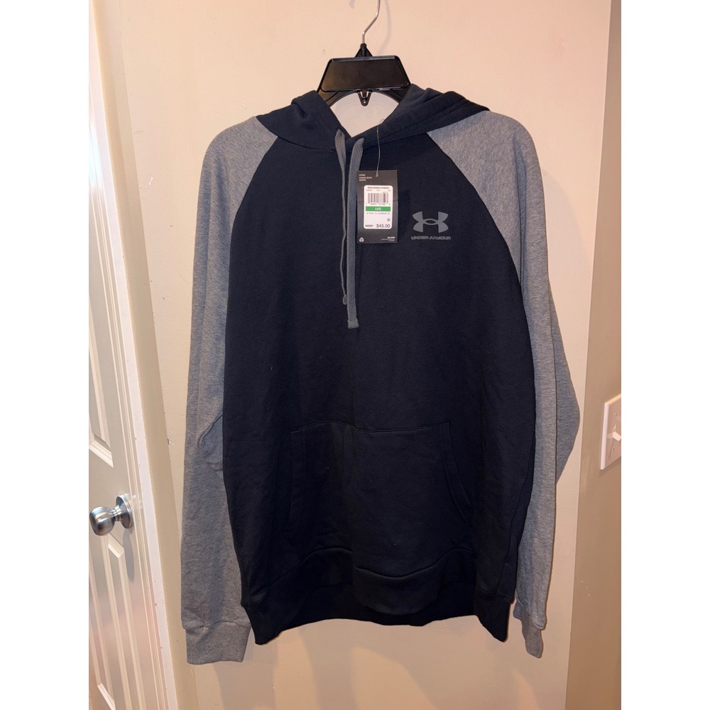 New Under Armour Mens Rival Fleece Colorblock Hoodie Black Grey 1366357-001 Sz L